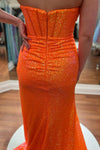 Orange Mermaid Strapless V Neck Sequins Long Prom Dress with Detachable Sleeves