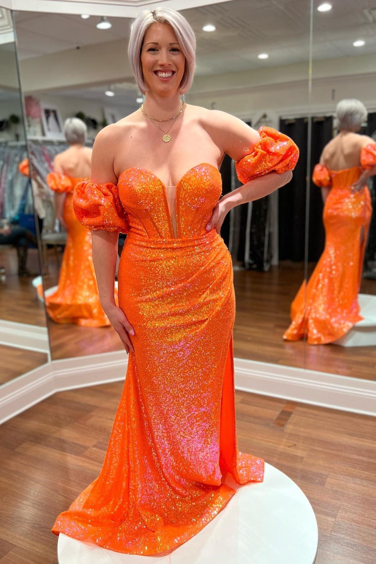 Orange Mermaid Strapless V Neck Sequins Long Prom Dress with Detachable Sleeves