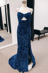 Blue Mermaid Spaghetti Straps Cut-Out Sequins Long Prom Dress