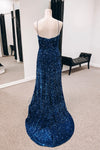 Dark Navy Mermaid Spaghetti Straps Cut-Out Sequins Long Prom Dress with Slit
