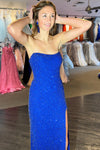 Royal Blue Mermaid Strapless Beaded Long Prom Dress with Slit