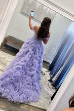 Lavender A-line Off-the-Shoulder Ruffle Layers Long Prom Dress