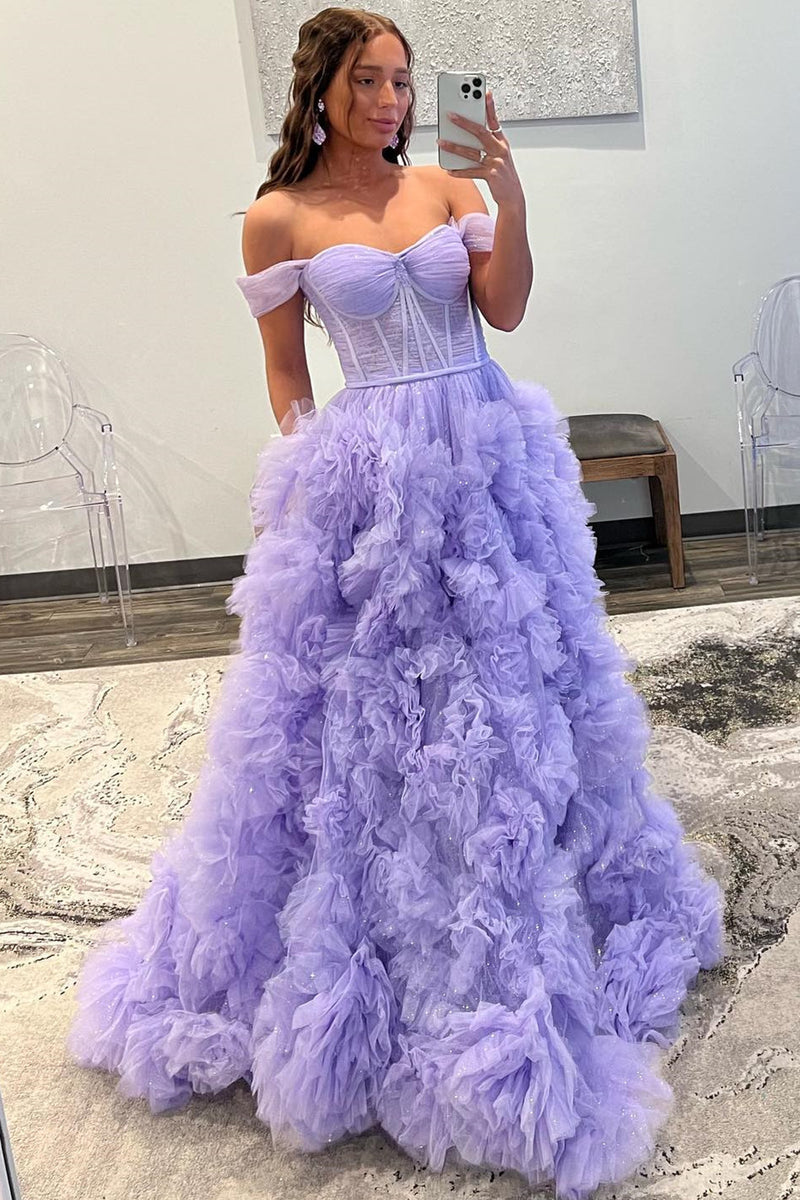 Lavender A-line Off-the-Shoulder Ruffle Layers Long Prom Dress