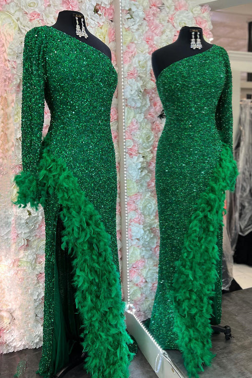 Hunter Green One Shoulder Long Sleeves Sequins Long Prom Dress with Feathers