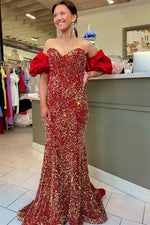 Red Mermaid Off-the-Shoulder Puff Sleeves Sequins Long Prom Dress 
