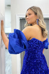Royal Blue Mermaid Off-the-Shoulder Puff Sleeves Sequins Long Prom Dress