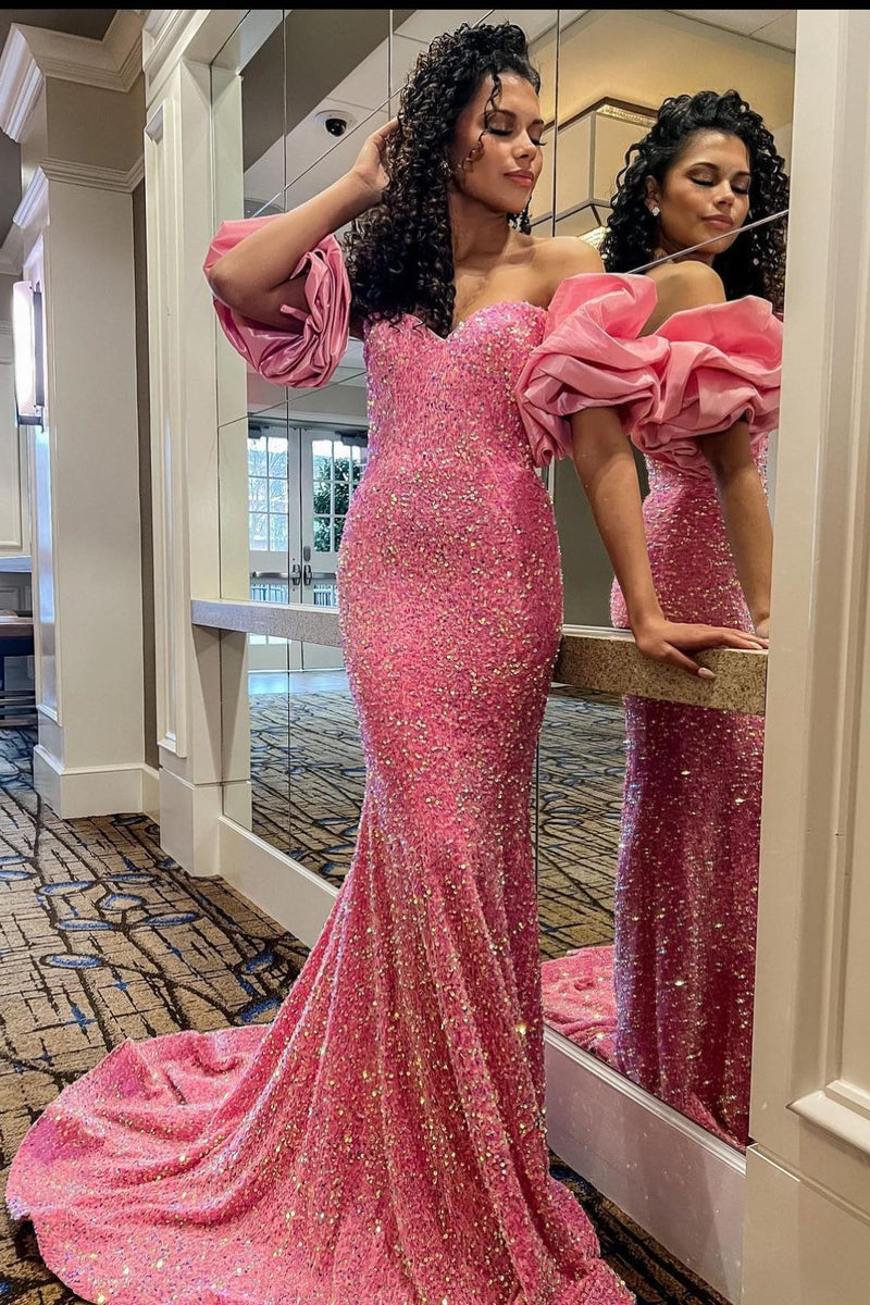 Pink Mermaid Off-the-Shoulder Puff Sleeves Sequins Long Prom Dress