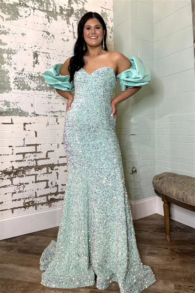 Sea Glass Mermaid Off-the-Shoulder Puff Sleeves Sequins Long Prom Dress