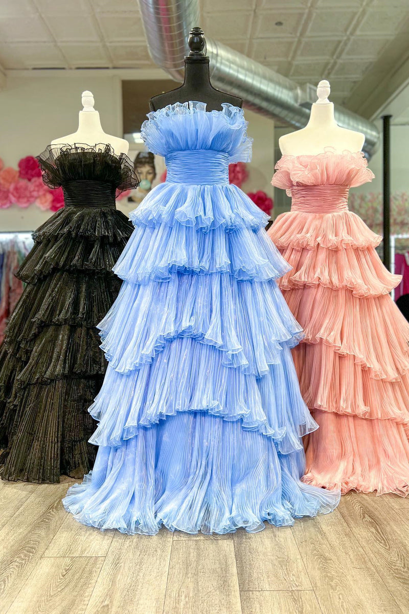Black & Blue & Pink A-line Off-the-Shoulder Ruffle Layers Tulle Long Prom Dress