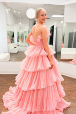 Pink A-line Off-the-Shoulder Ruffle Layers Tulle Long Prom Dress