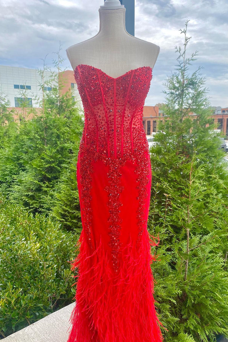 Red Mermaid Strapless Sequin-Embroidered Long Prom Dress with Feathers