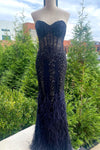 Dark Navy Mermaid Strapless Sequin-Embroidered Long Prom Dress with Feathers