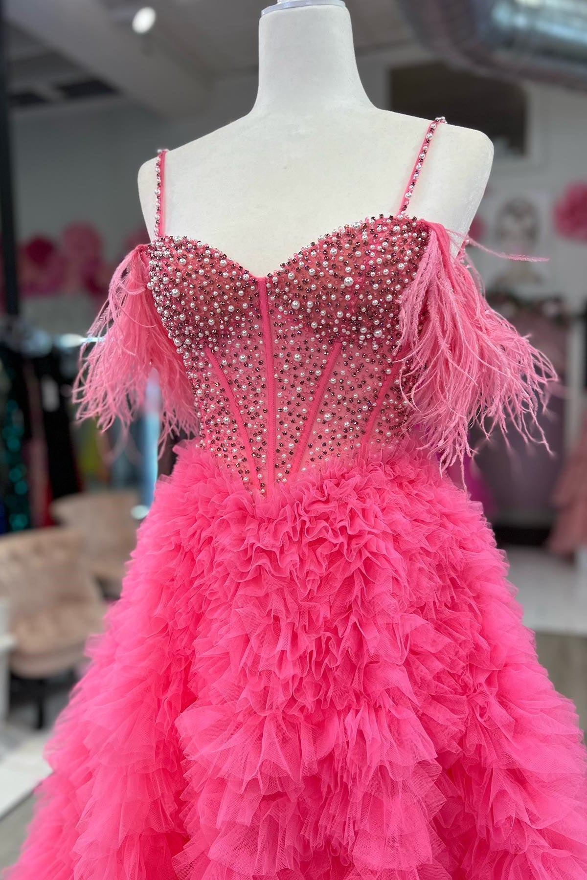 Hot Pink A-line Off-the-Shoulder Beaded Ruffle Layers Long Prom Dress with Feathers