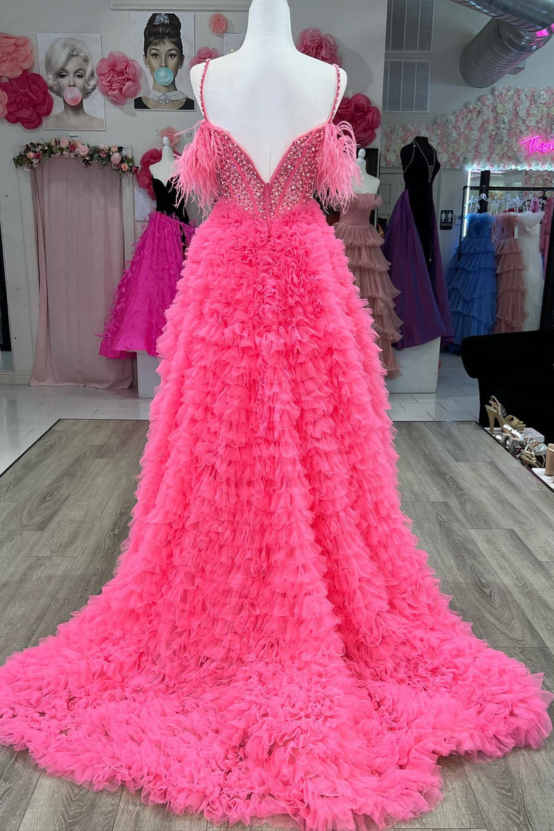 Hot Pink A-line Off-the-Shoulder Beaded Ruffle Layers Long Prom Dress with Feathers