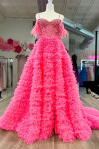 Hot Pink A-line Off-the-Shoulder Beaded Ruffle Layers Long Prom Dress with Feathers