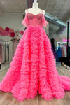 Hot Pink A-line Off-the-Shoulder Beaded Ruffle Layers Long Prom Dress with Feathers