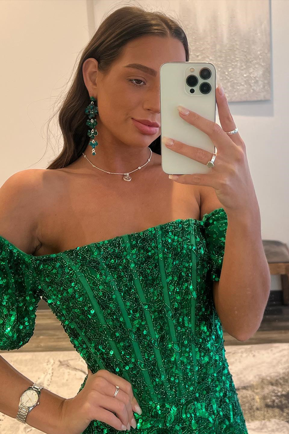 Hunter Green Sequins Off-the-Shoulder Straps Homecoming Dress with Tassels Y2909 main image 0