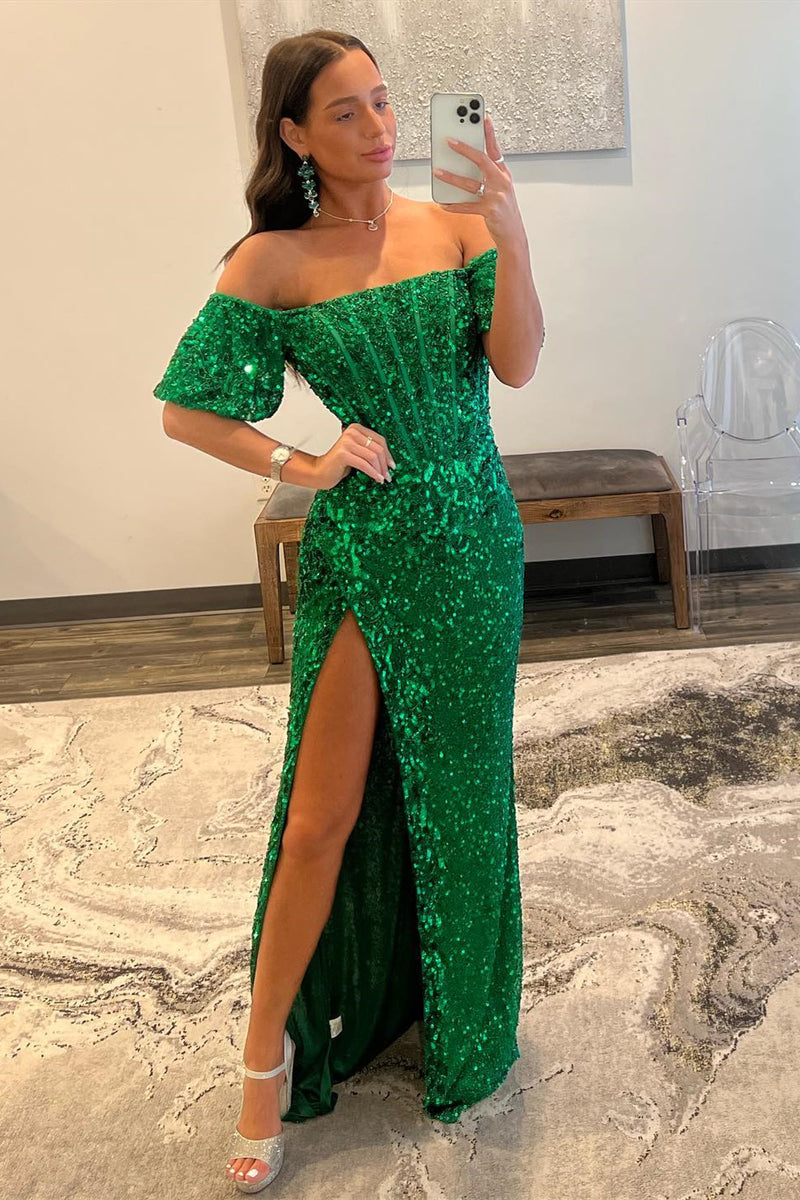 Hunter Green Mermaid Off-the-ShoulderSequins Long Prom Dress with Slit