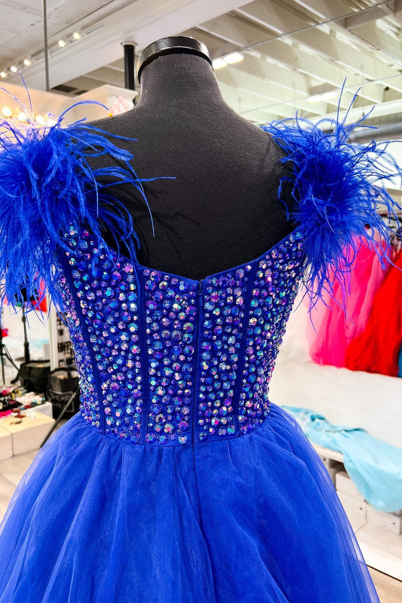 Royal Blue A-line Scoop Neck Rhinestone Long Prom Dress with Feathers