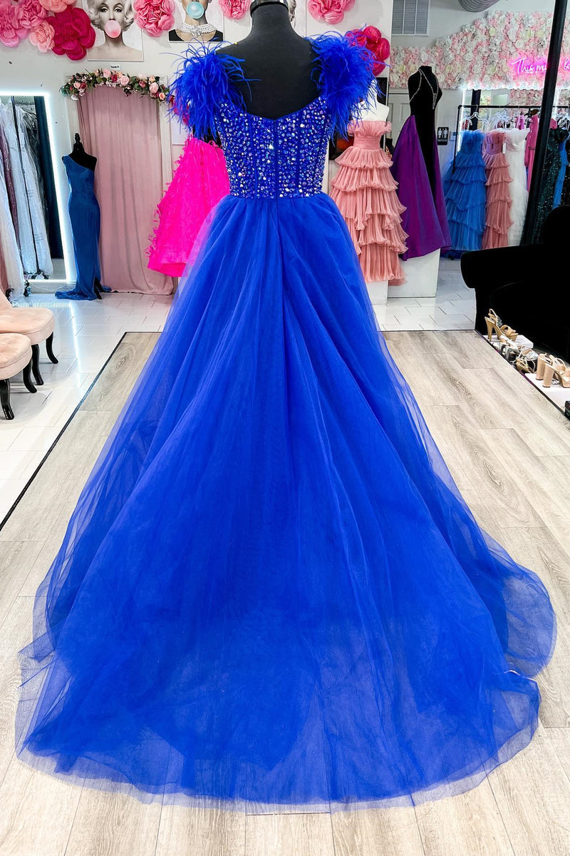 Royal Blue A-line Scoop Neck Rhinestone Long Prom Dress with Feathers