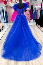 Royal Blue A-line Scoop Neck Rhinestone Long Prom Dress with Feathers