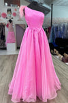 Hot Pink A-line One Shoulder Pleated Long Prom Dress with Feathers