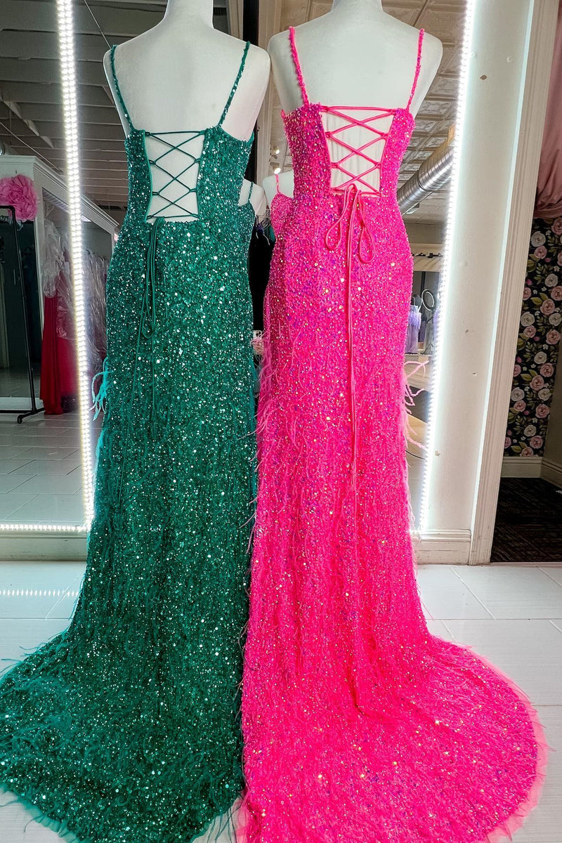 Hunter Green & Fuchsia Mermaid Spaghetti Straps Lace-Up Back Feathers Long Prom Dress with Slit