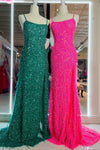 Hunter Green & Fuchsia Mermaid Spaghetti Straps Lace-Up Back Feathers Long Prom Dress with Slit