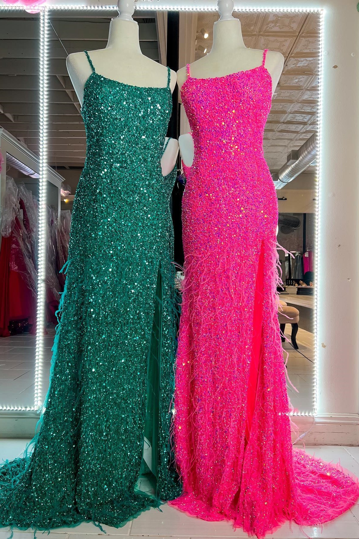 Mermaid Fitted Straps Feathers Long Prom Dress with Slit FancyVestido Mermaid Fitted Straps Feathers Long Prom Dress with Slit FancyVestido