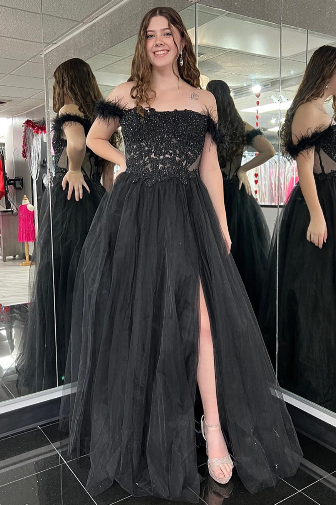Black Off-the-Shoulder Beaded Appliques Feathers Long Prom Dress with Slit
