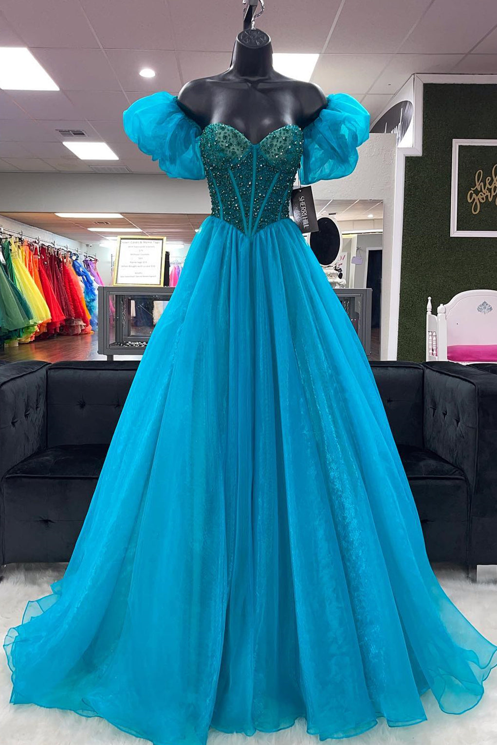 Blue A-line Puff Off-the-Shoulder Beaded Long Prom Dress FancyVestido Blue A-line Puff Off-the-Shoulder Beaded Long Prom Dress FancyVestido