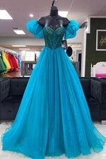 Blue A-line Puff Off-the-Shoulder Beaded Long Prom Dress