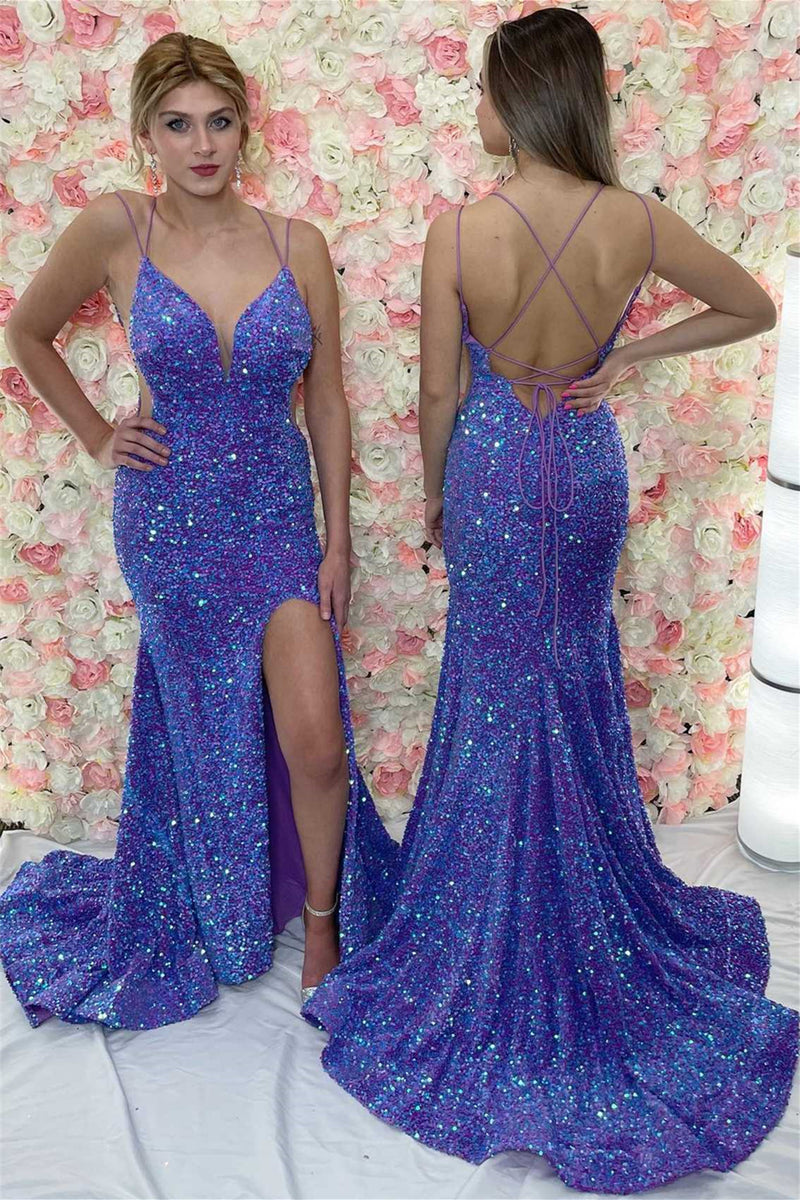 Lavender Mermaid Double Straps Lace-Up Back Sequins Long Prom Dress with Slit