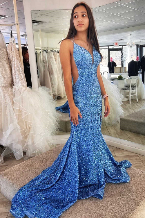 Blue Mermaid Double Straps Lace-Up Back Sequins Long Prom Dress with Slit