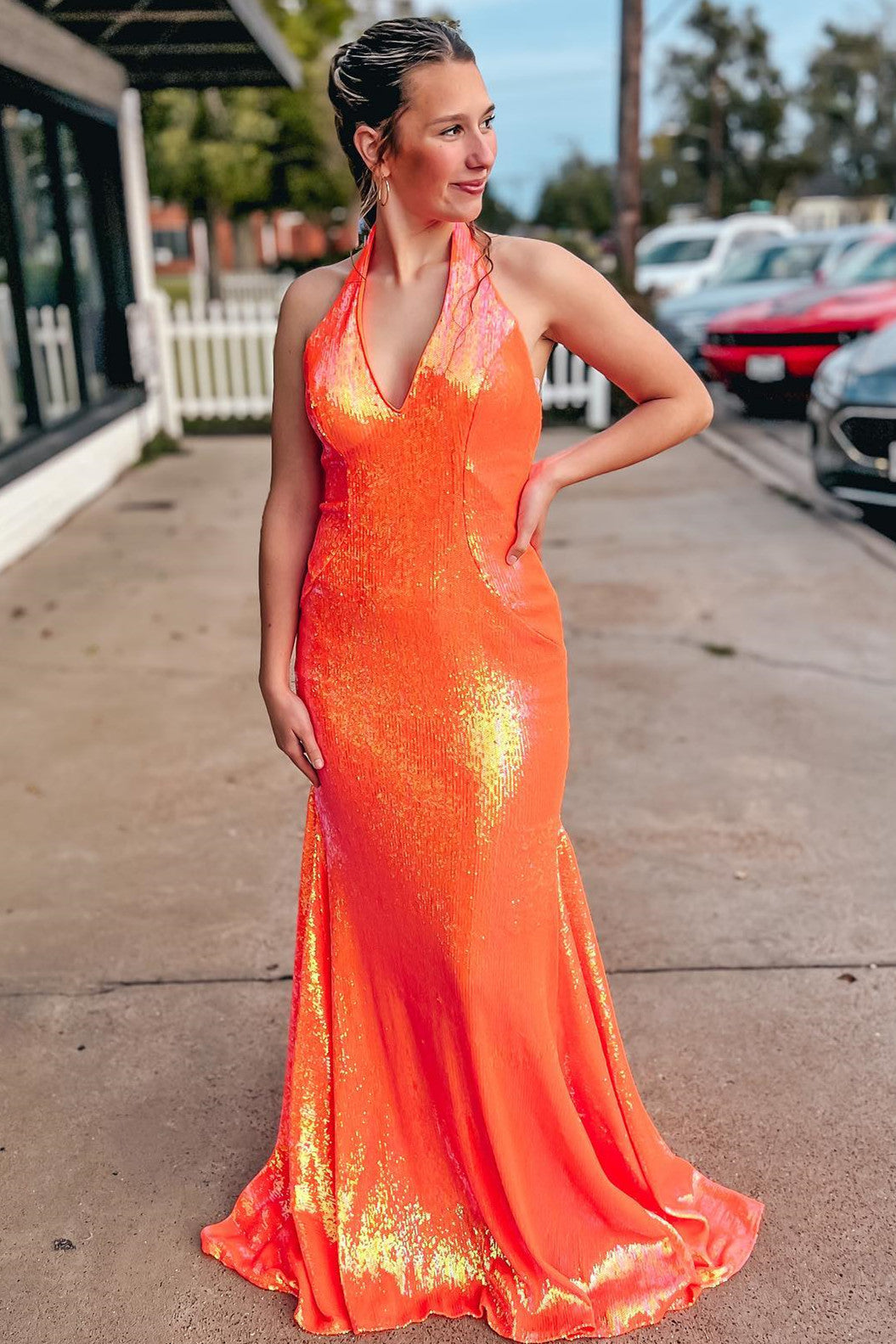 Orange Mermaid Halter Sequins Backless Long Prom Dress FancyVestido Orange Mermaid Halter Sequins Backless Long Prom Dress FancyVestido