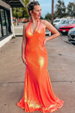 Orange Mermaid Halter Sequins Backless Long Prom Dress