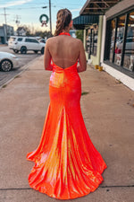 Orange Mermaid Halter Sequins Backless Long Prom Dress