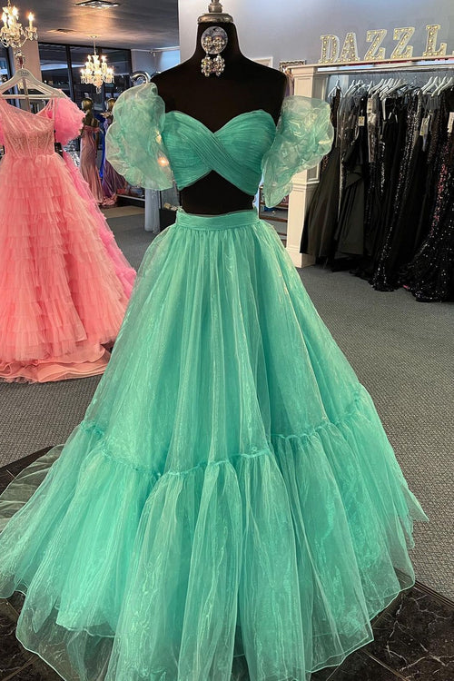 Green Two-Piece Puff Sleeves Pleated Organza Long Prom Dress