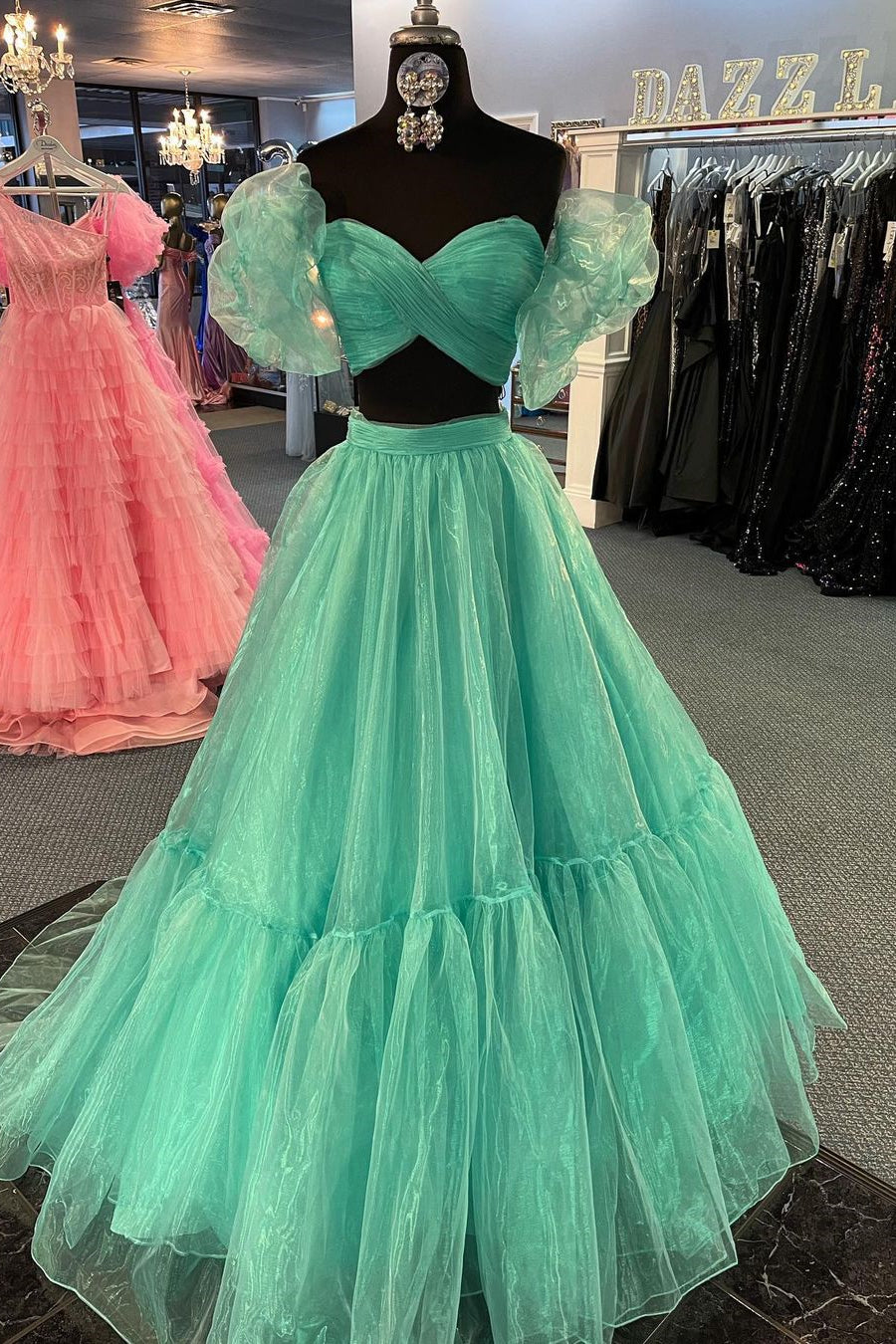 Green Two-Piece Puff Sleeves Pleated Organza Long Prom Dress FancyVestido Green Two-Piece Puff Sleeves Pleated Organza Long Prom Dress FancyVestido