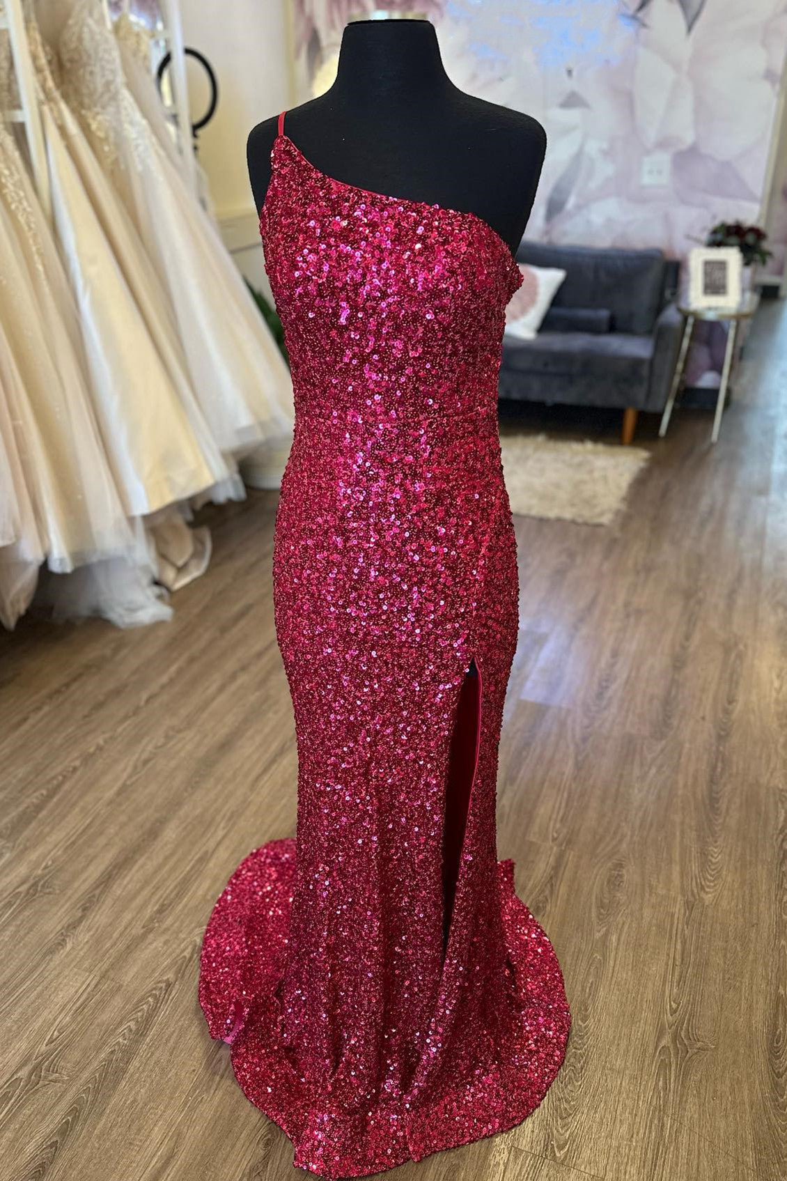 Fuchsia One Shoulder Sequins Cut-Out Long Prom Dress with Slit