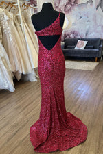 Fuchsia One Shoulder Sequins Cut-Out Long Prom Dress with Slit