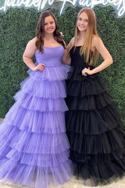 Lilac & Black A-line Strapless Pleated Multi-Layers Tulle Long Prom Dress