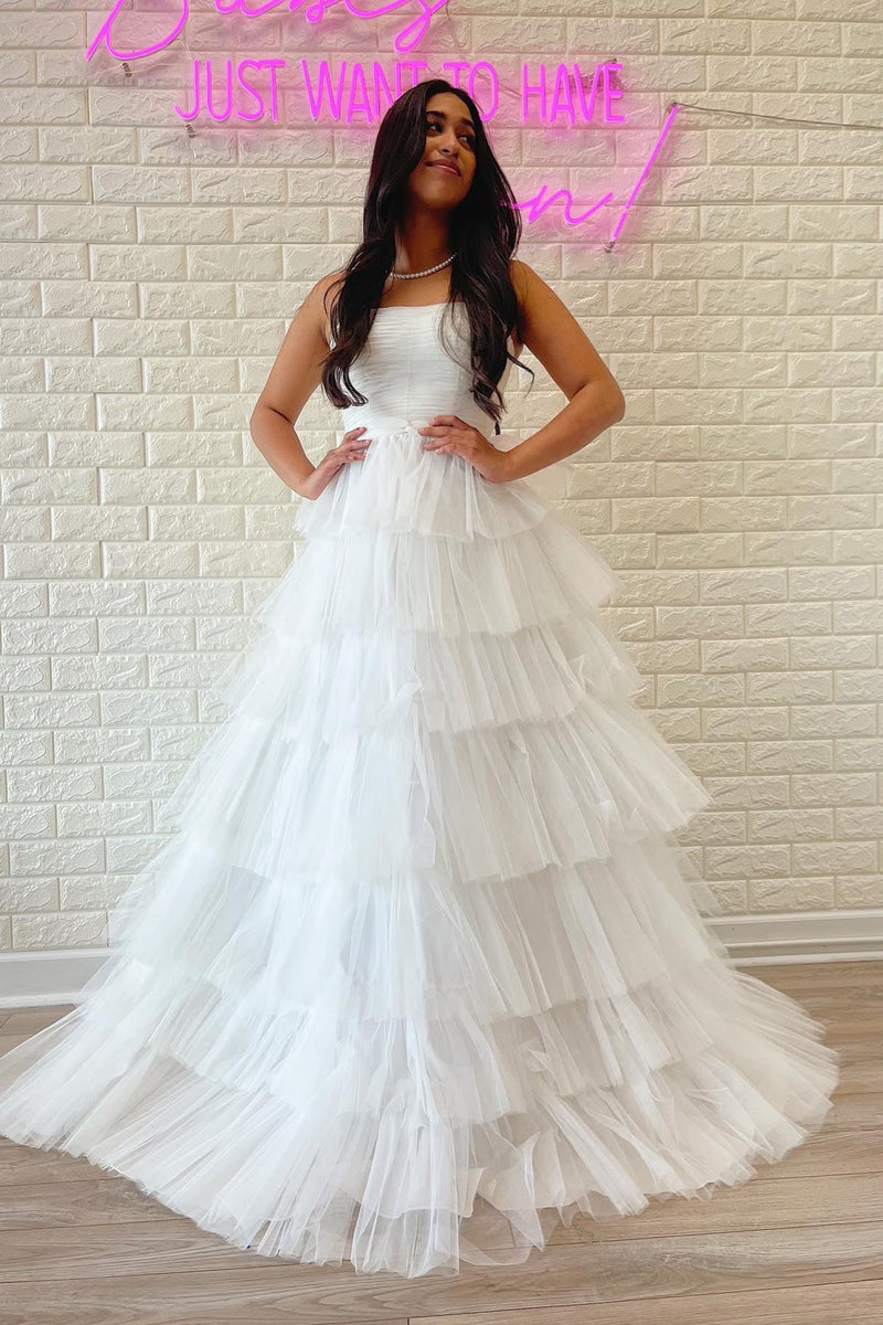 White A-line Strapless Pleated Multi-Layers Tulle Long Prom Dress