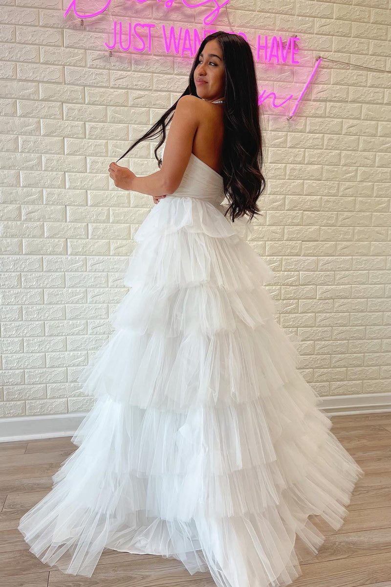 White A-line Strapless Pleated Multi-Layers Tulle Long Prom Dress