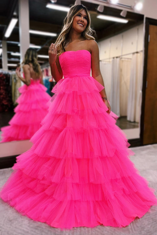 Fuchsia A-line Strapless Pleated Multi-Layers Tulle Long Prom Dress