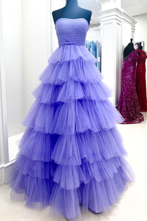 Lilac A-line Strapless Pleated Multi-Layers Tulle Long Prom Dress