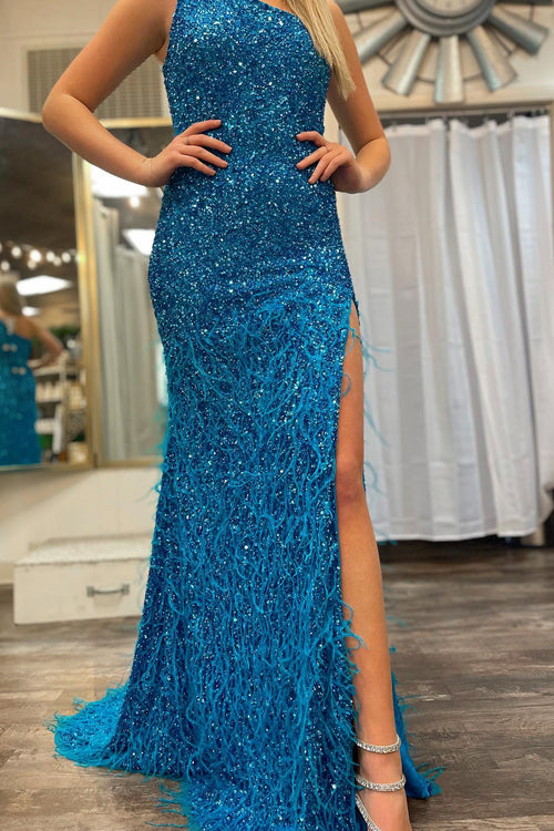 Blue Mermaid One Shoulder Sequins Long Prom Dress with Feathers