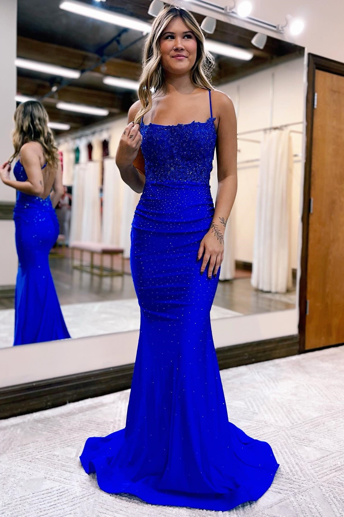 Royal Blue Mermaid Beaded Appliques Spaghetti Straps Crossed Back Long Prom Dress