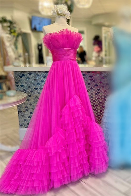 Fuchsia A-line Strapless Tulle Multi-Layers Long Prom Dress