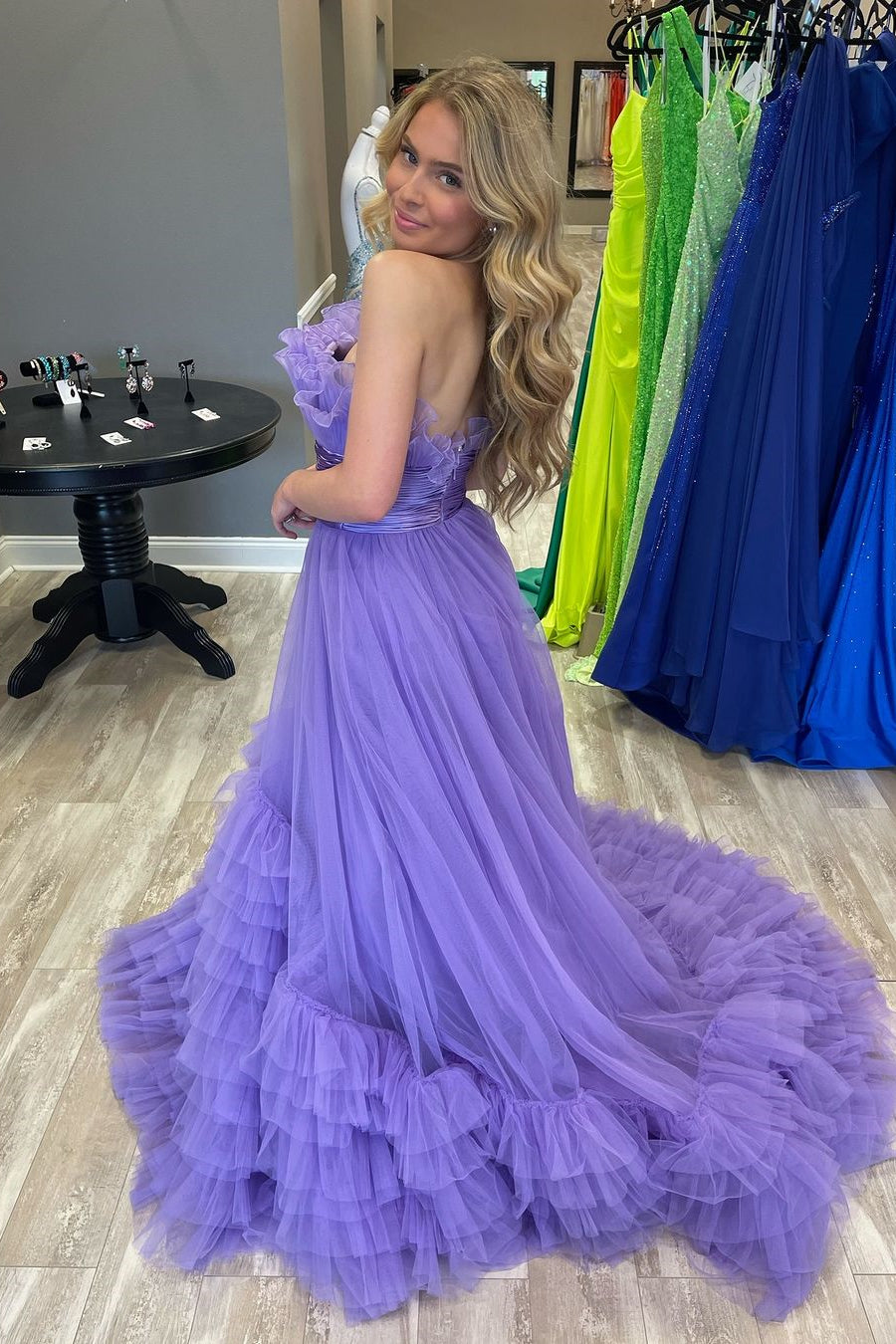 Lilac A-line Strapless Tulle Multi-Layers Long Prom Dress